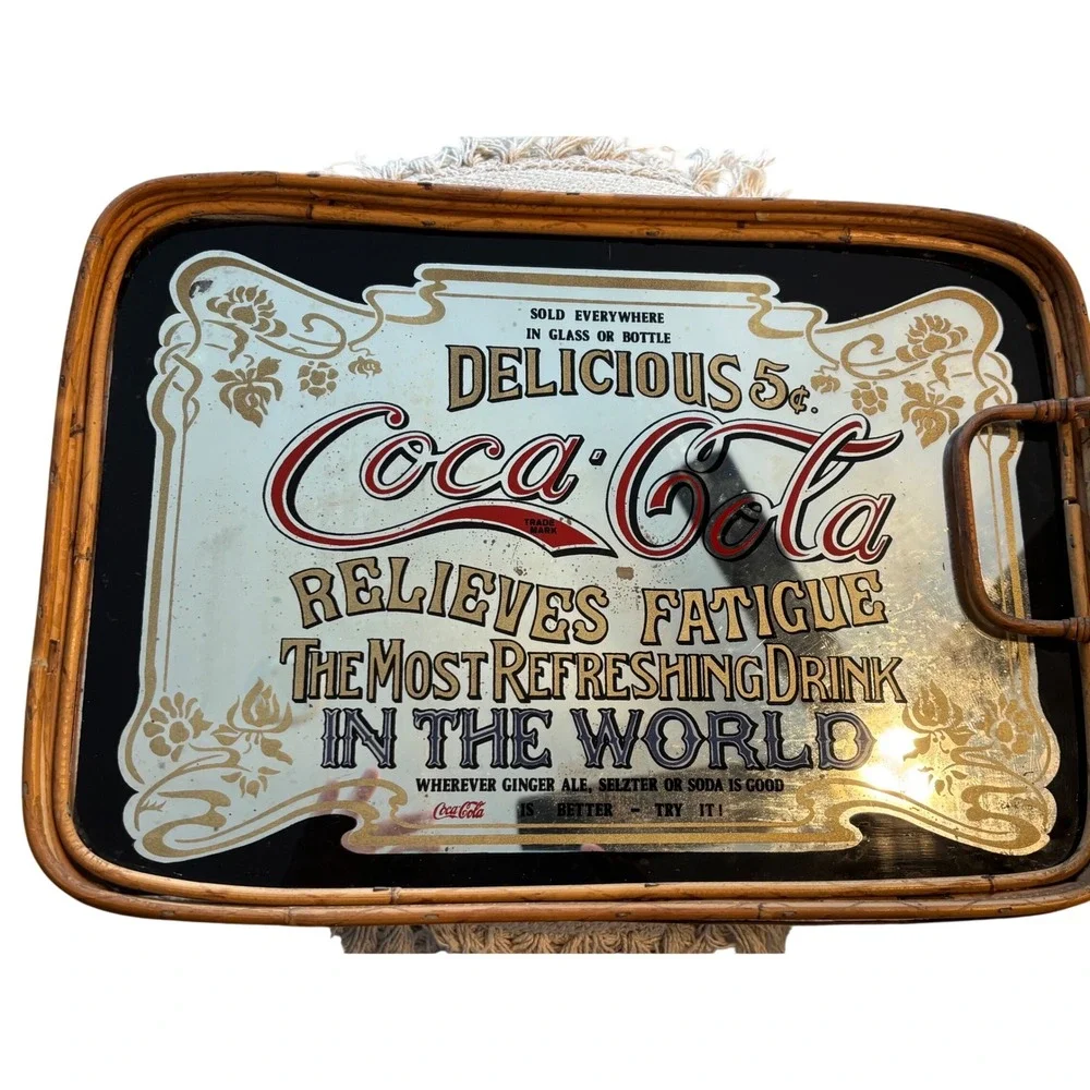 Vintage‎ Coca-Cola Mirror Tray Wicker Rattan Frame Soda Advertising Sign 16x11